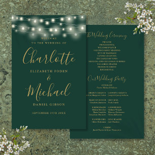 Green And Gold String Lights Wedding Program