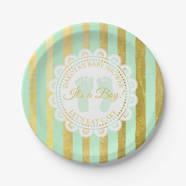 Green and Gold Striped Personalised Shower Plate (Front)