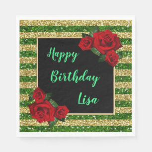 Green And Gold Stripes Glitter Red Roses Birthday Napkin