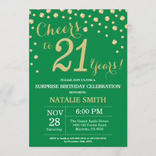 Green and Gold Surprise 21st Birthday Diamond Invitation