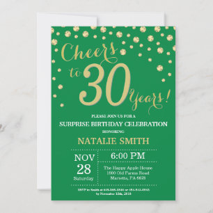 Green and Gold Surprise 30th Birthday Diamond Invitation