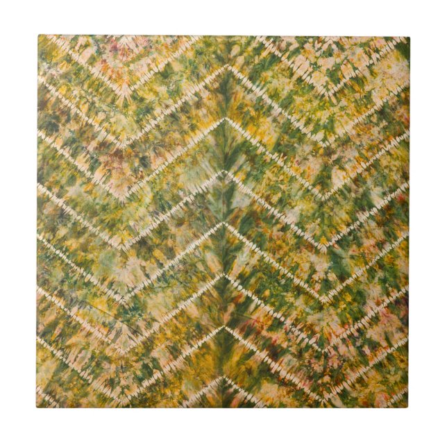 Green and Gold Tie Dye Chevron Pattern Ceramic Tile (Front)