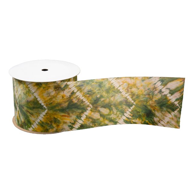Green and Gold Tie Dye Chevron Pattern Satin Ribbon (Spool)