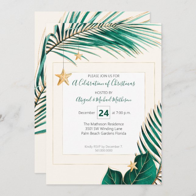 Green and Gold Tropical Greenery Christmas Party Invitation (Front/Back)