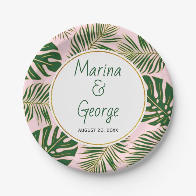 Green and gold tropical leaves blush pink wedding paper plate (Front)