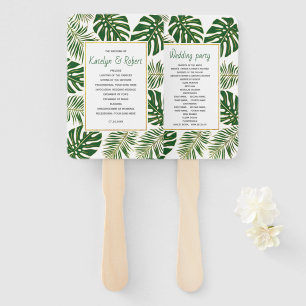 Green and gold tropical leaves wedding program hand fan