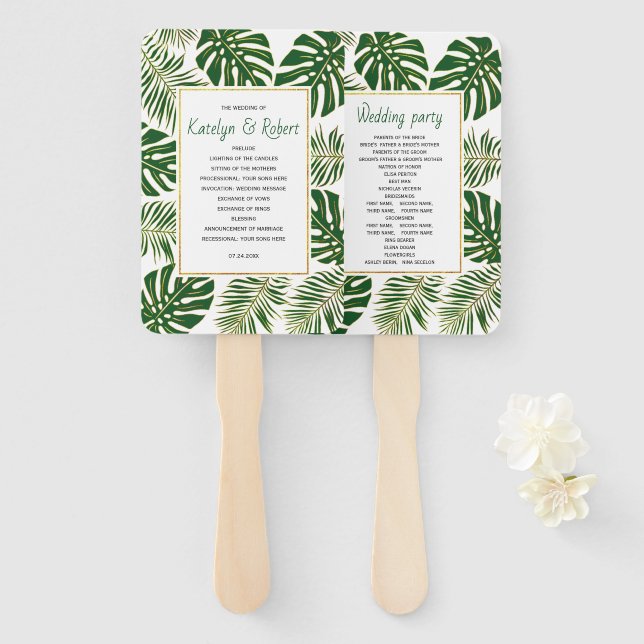Green and gold tropical leaves wedding program hand fan (Front and Back)
