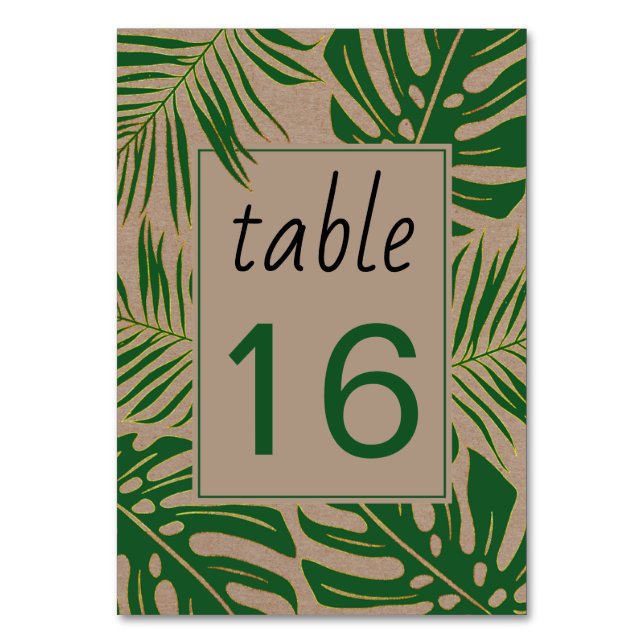 Green and gold tropical leaves wedding table number (Front)