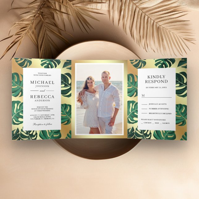 Green and Gold Tropical Monstera Leaves Wedding Tri-Fold Invitation (Creator Uploaded)