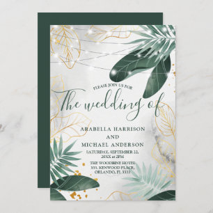 Green And Gold Tropical wedding Invitation