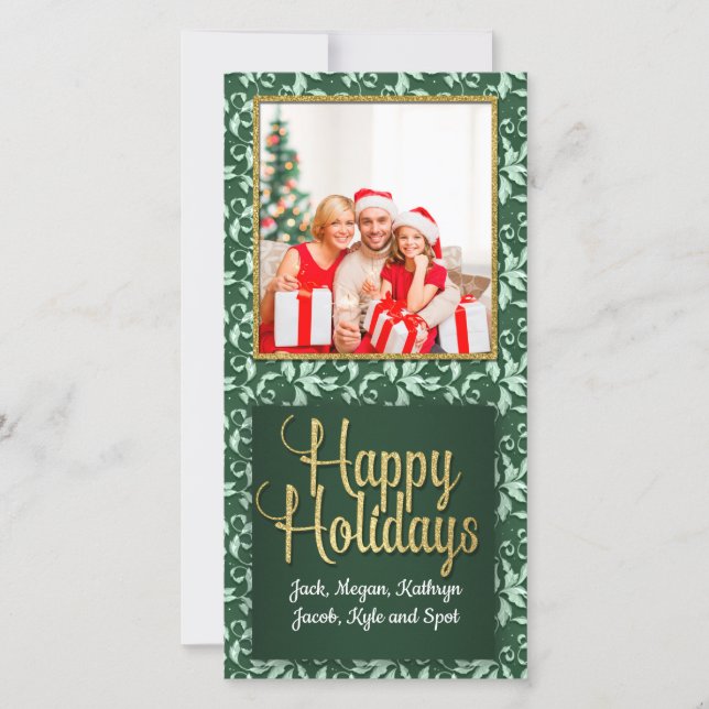 Green and Gold Vintage Holly Photo Holiday Card (Front)