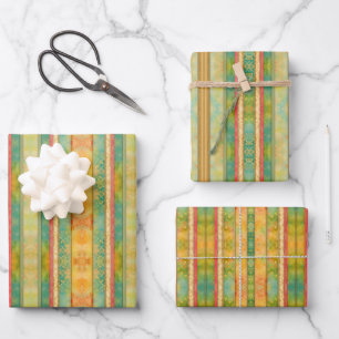 Green and Gold  Vintage Watercolor Stripes Wrapping Paper Sheet