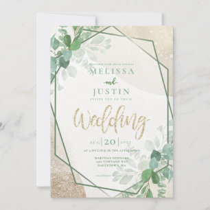 Green and Gold Watercolor greenery Wedding Invitation
