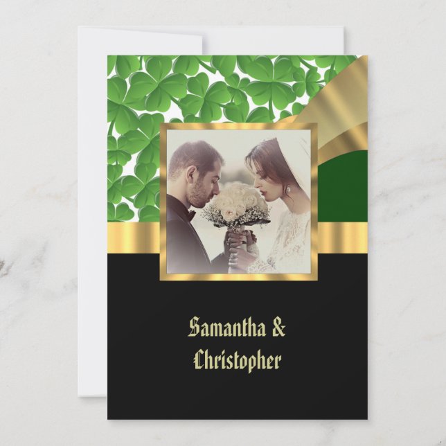 Green and gold wedding photo invitation (Back)