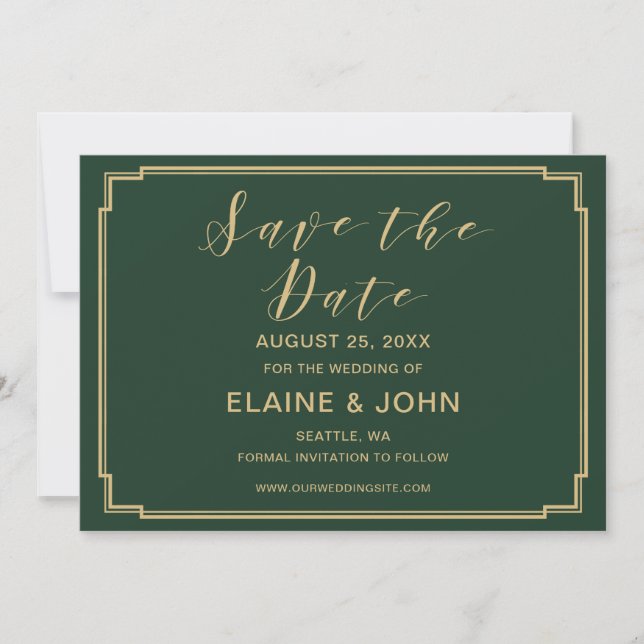 Green and Gold Wedding save the dates Date (Front)