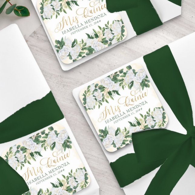 Green and Gold White Peony Rose Floral Mis Quince Square Sticker (Mis Quince stickers from my Emerald Greenery & White Peony collection)