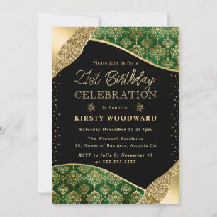 Green and Gold Winter Damask 21st Birthday Invitation
