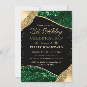 Green and Gold Winter Sequins 21st Birthday Invitation