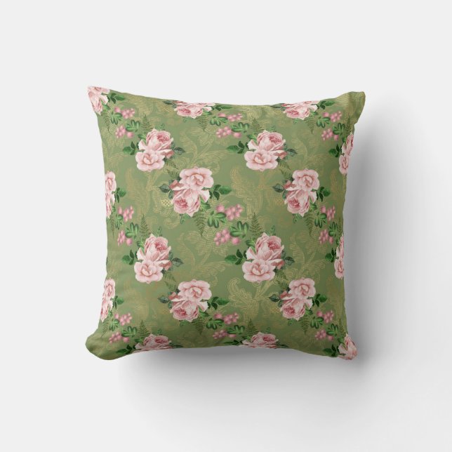 Green and Gold with Pink Roses Cushion (Front)