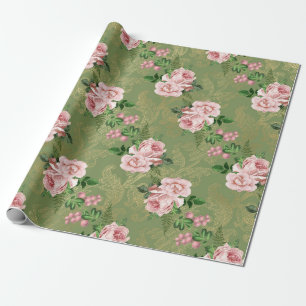 Green and Gold with Pink Roses Wrapping Paper