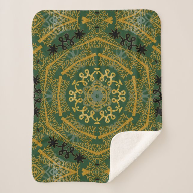 Green and Gold Xmas Tree Geometric Mandala Sherpa Blanket (Front)