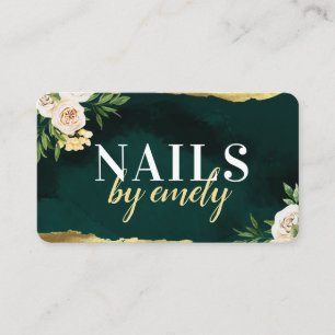 Green and Gold Yellow Floral Modern Nails Business Card