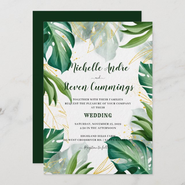 Green and Golden Leaves Modern Tropical Wedding In Invitation (Front/Back)