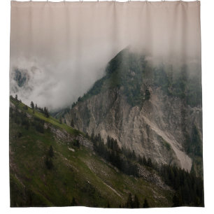 GREEN AND GRAY MOUNTAIN UNDER WHITE CLOUDS SHOWER CURTAIN