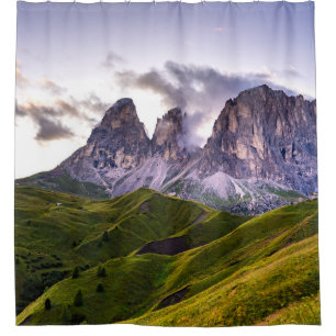 GREEN AND GRAY MOUNTAINS UNDER WHITE CLOUDS DURING SHOWER CURTAIN