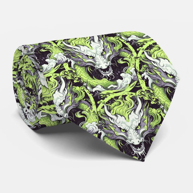 Green and Grey Asian Dragons Tie (Rolled)