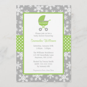 Green and Grey Carriage Snowflakes Baby Shower Invitation