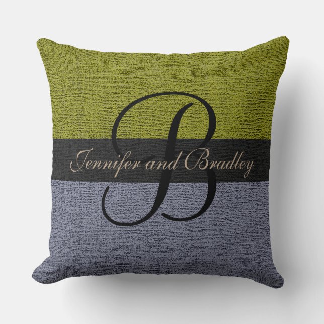 Green and Grey Elegant Monogram Wedding Cushion (Front)