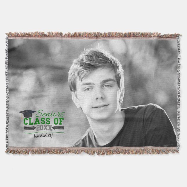 Green and  Grey Graduation Gear Throw Blanket (Front)
