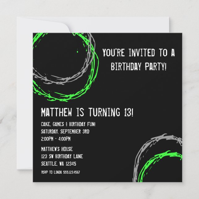 Green and Grey Grunge Circles Boy Birthday Party Invitation (Front)