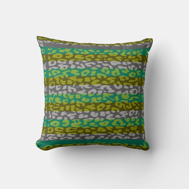 Green and Grey Leopard Print Stripe Pattern Cushion (Front)