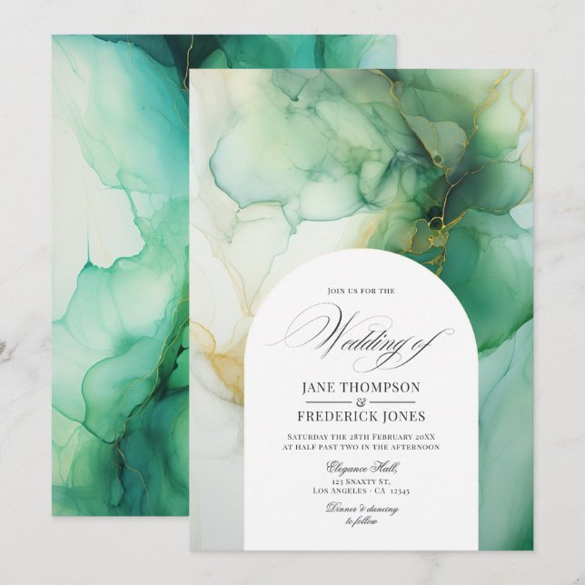 Green and Ivory Alcohol Ink Wedding Invitation (Front/Back)