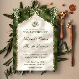 Green and Ivory Gold Glitter Arch Muslim Wedding Invitation