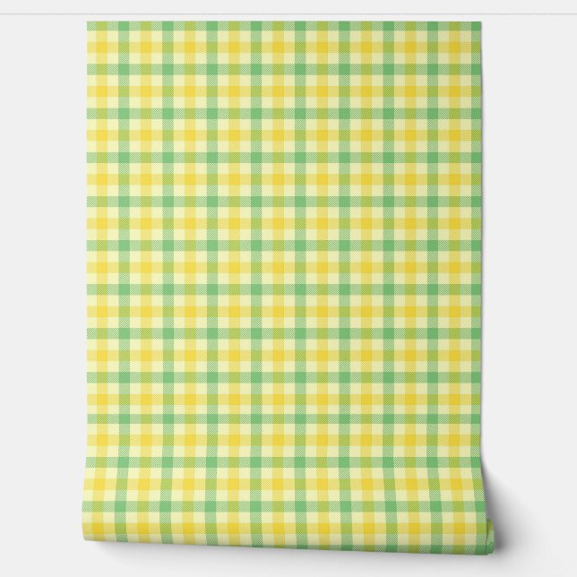 Green and Lemon Yellow Stripe Plaid Retro Style Wallpaper (Unrolling)