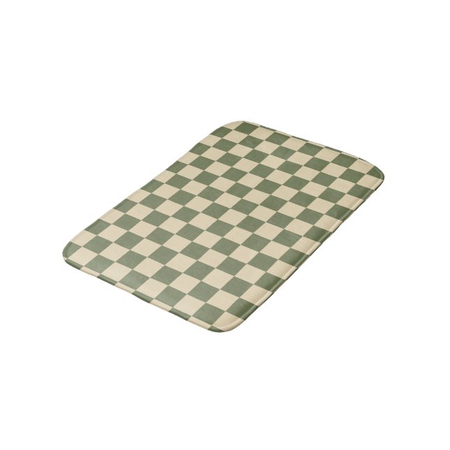 Green and Light Beige Chequerboard Bath Mat (Angled)