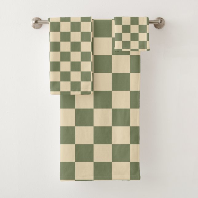 Green and Light Beige Chequerboard Bath Towel Set (Insitu)
