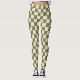 Green and Light Beige Chequerboard Leggings