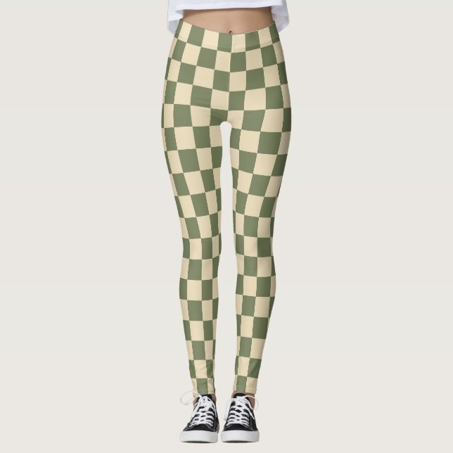Green and Light Beige Chequerboard Leggings (Front)