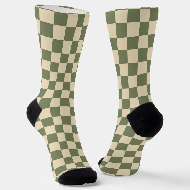 Green and Light Beige Chequerboard Socks (Angled)
