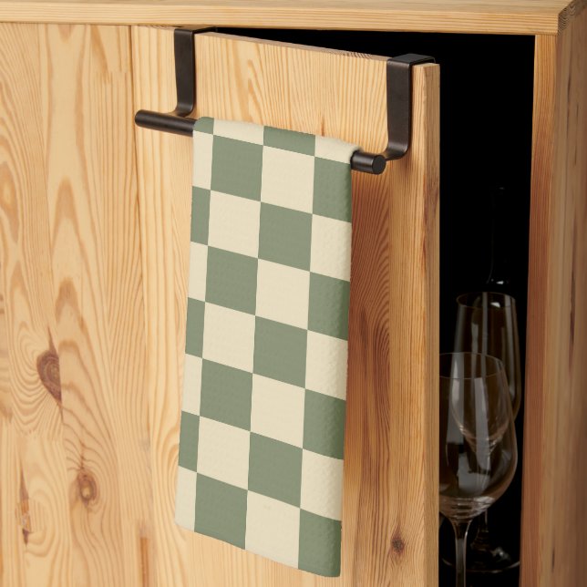 Green and Light Beige Chequerboard Tea Towel (Thirds Fold)