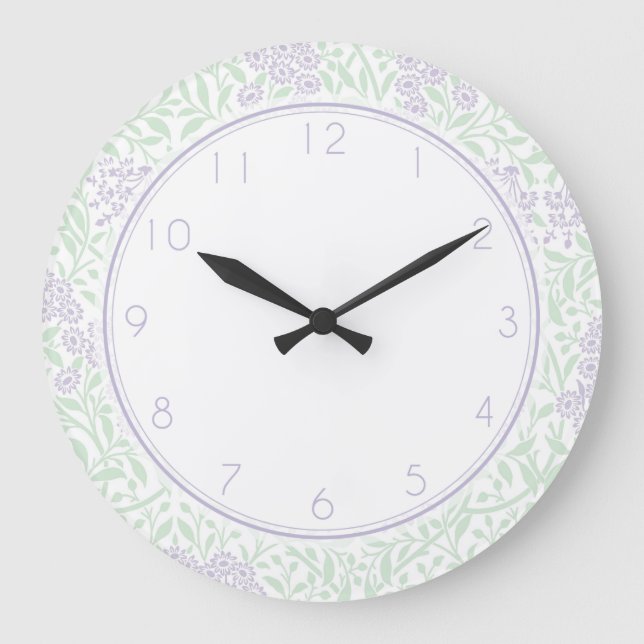 Green and Lilac Floral Damask Pattern Large Clock (Front)