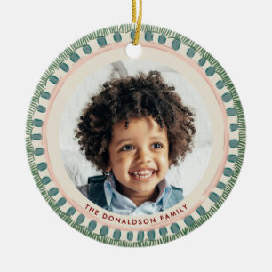 Green and Maroon Watercolor Happy Fringe Photo Ceramic Ornament