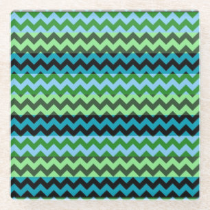 Green and Mint Chevron Zigzag Stripe Pattern Glass Coaster