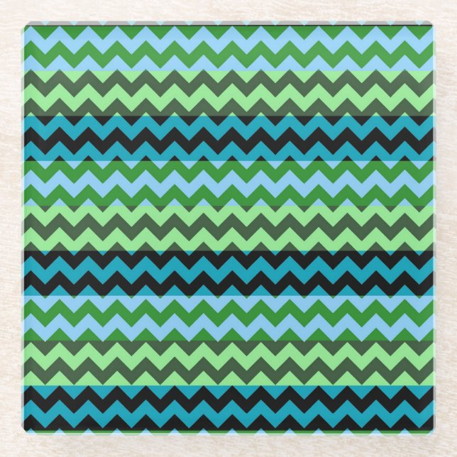 Green and Mint Chevron Zigzag Stripe Pattern Glass Coaster (Front)