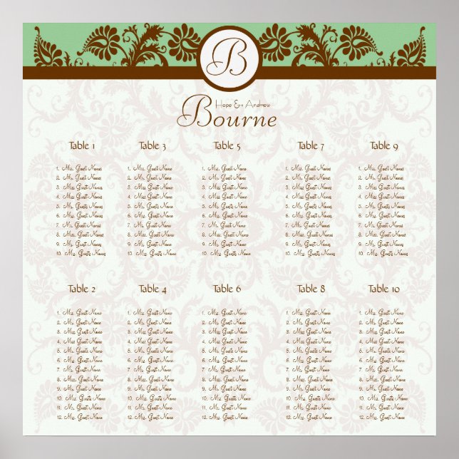 Green and Mocha Damask Seating Chart 10 Tables (Front)