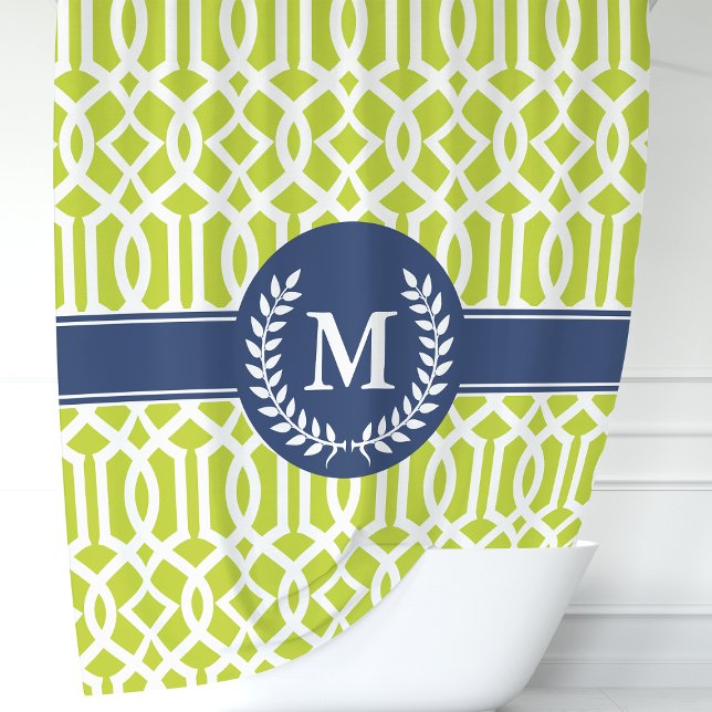 Green and Navy Blue Moroccan Trellis Monogram Shower Curtain (Creator Uploaded)